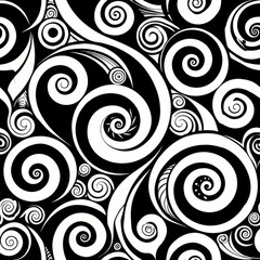 Fototapeta premium Seamless pattern of Maori-inspired koru and spiral motifs in black and white, representing new beginnings and growth, Generative AI