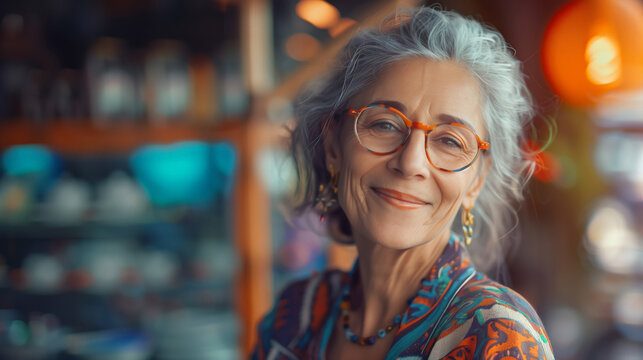 A healthy lifestyle. Portrait of a happy smiling stylish 70-year-old elderly woman in glasses and a bright dress