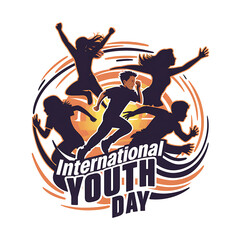 Colorful Silhouettes of young people in action poses, such as jumping, running, and International Youth Day.