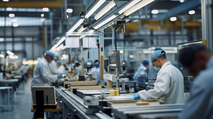 A production workshop with workers in white lab coats and blue gloves. Efficient factory workers are busy working