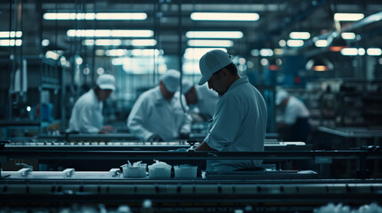 Efficient productive factory workers are busy working on the machine. A group of workers are working in a factory. A production workshop
