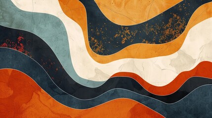 An abstract painting featuring dynamic orange, blue, and white wavy lines on a canvas