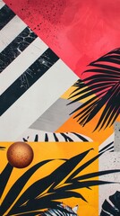 Vibrant painting featuring palm leaves and bold geometric shapes, including zebra print patterns in an art deco style, background