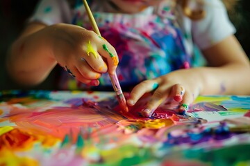 Naklejka premium A child is painting on a canvas with bright colors.