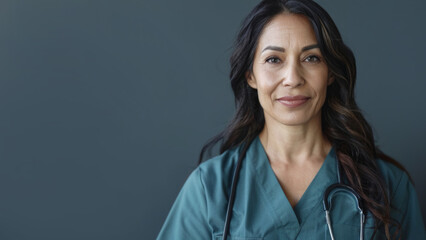 Experienced Female Doctor in Green Scrubs with Stethoscope Portrait Demonstrating Healthcare Expertise and Trustworthiness