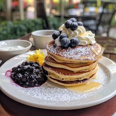 Blueberry Pancakes with Whipped Cream. Generative AI.
