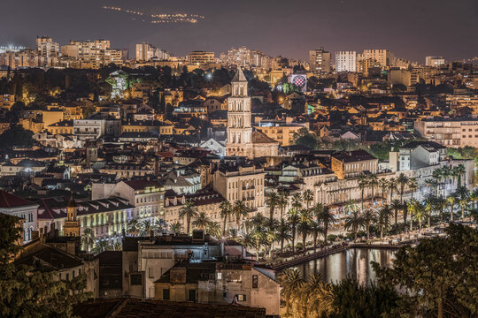 Vibrant Night Cityscape of Split seeing from Marjan hill viewpoint, Croatia