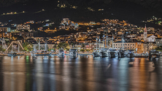 Night view of Makarska habor and promenade, Croatia