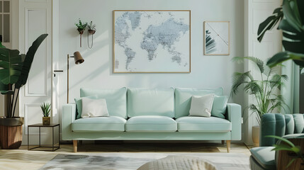 Modern Scandi Living Room, Gray Sofa, Wooden Coffee Table, and Cozy Home Decor Elements, Stylish Apartment Living Room, Mint Sofa and Wooden Elements with Eucalyptus Color Accents