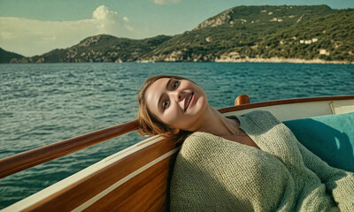 A Woman Lounging While Enjoying a Serene Boat Ride