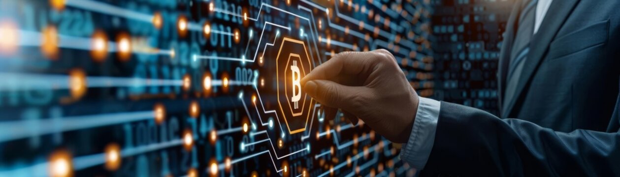 Executive reviewing a rigged smart contract on a blockchain, sophisticated and corrupt