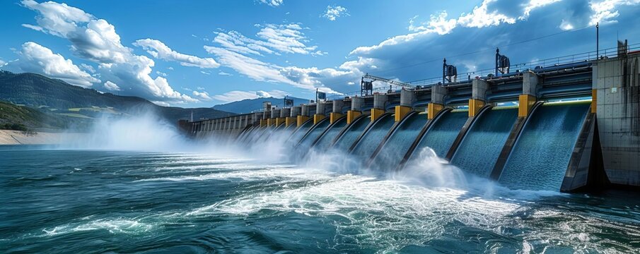 Fluid energy systems Front view of a large, dynamic hydropower plant drastically increasing energy output  Power boost  Advanced tone  Vivid