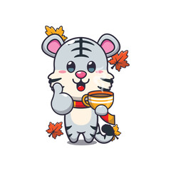 Cute white tiger with coffee in autumn season