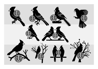 Naklejka premium Cardinal Circle Monogram Svg, Cardinal Silhouette, Bird Svg, Red Cardinal, Cardinal Png, Red Birds Meaning, Red Bird, Vector, Cricut, Split Monogram,