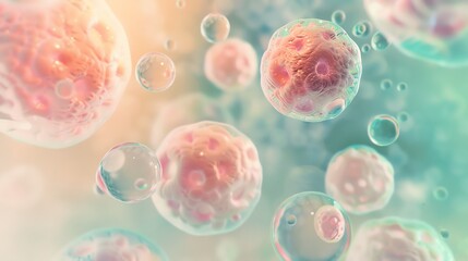 A beautiful and detailed microscopic view of a group of healthy human cells. The cells are pink and the background is a light blue. The cells are round and have a smooth surface.