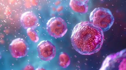 Naklejka premium A beautiful glowing pink and blue microscopic view of a group of healthy human cells.