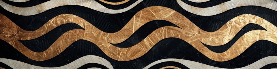 A contemporary art deco design featuring a black and gold wavy pattern on a wall, banner
