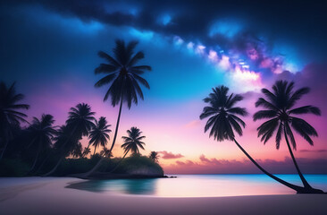 Obraz premium The cosmic starry sky above the ocean shore and the island. Beautiful beach with palm trees at sunset. Fantastic background of ocean shore and tropical island