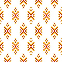 Watercolor Ethnic seamless pattern in tribal.Ikat design on paper texture in native American, Mexican, African, Aboriginal style.Aztec geometric folk art background.Boho abstract.Digital Hand painted.