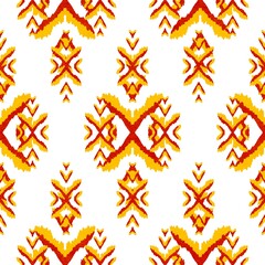Watercolor Ethnic seamless pattern in tribal.Ikat design on paper texture in native American, Mexican, African, Aboriginal style.Aztec geometric folk art background.Boho abstract.Digital Hand painted.