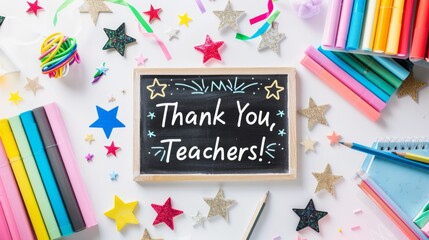 A vibrant image featuring a 'Thank You, Teachers!' message on a chalkboard surrounded by school supplies and confetti