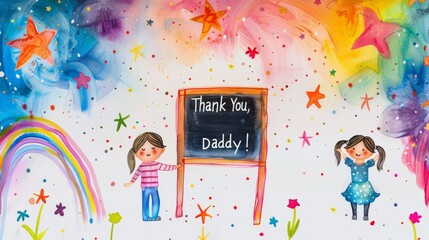 A vibrant and whimsical drawing featuring two children, a rainbow, and a blackboard with the words Thank You, Daddy