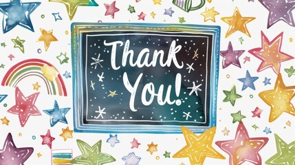 Hand-drawn illustration featuring a central 'Thank You!' message surrounded by multicolored stars, sparkles, and a small rainbow