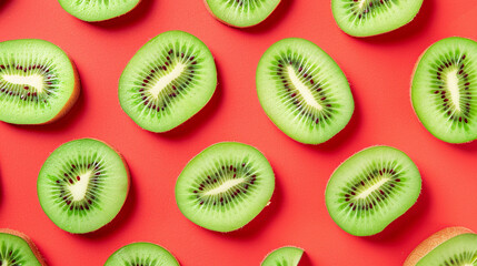 Fototapeta premium Slices of juicy kiwi on red background.