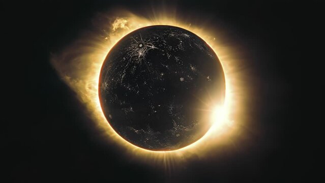 A view from space of the iconic Ring of Fire solar eclipse with the moon perfectly aligned in front of the sun.