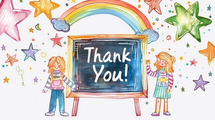 Two cartoon children standing beside a chalkboard with 'Thank You!' message, surrounded by stars and a rainbow