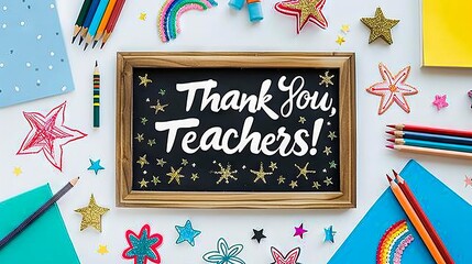 A blackboard with the phrase Thank you, Teachers! surrounded by craft supplies and stars on a white background