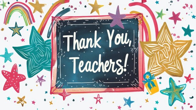 A vibrant teacher appreciation card with the words Thank You, Teachers surrounded by stars, rainbows, and confetti - Powered by Adobe