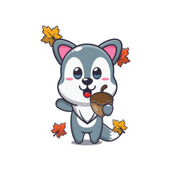 Cute wolf with acorns at autumn seaso
