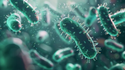 This image depicts a detailed 3D illustration of bacteria with visible cilia and textures, set against a blurred backdrop of similar organisms