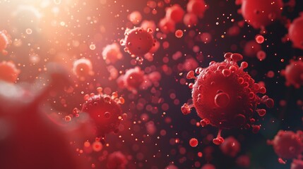 Detailed 3D illustration of virus particles with spikes, floating in a red atmospheric background, simulating microscopic imagery