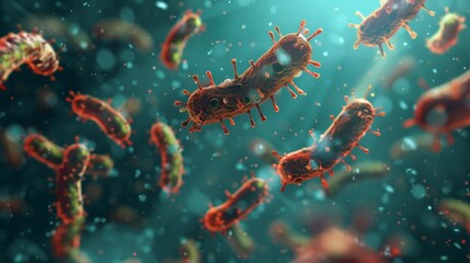 Detailed 3D rendering of bacteria with flagella in a liquid environment, suggest pathogen spread and medical research