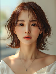 Fototapeta premium Beautiful Korean Woman looking straight ahead. Asian young woman model front view.
