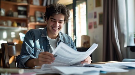 Happy man smiling while reading and writing documents at home. A happy young male sitting in front of a table with papers, having fun doing his paperwork. generative AI
