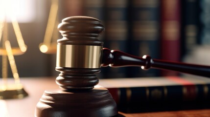 a judge's gavel resting on top of a book, with the scales of justice in the background and a bookshelf full of law books.