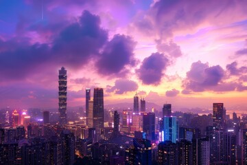 A futuristic city skyline with skyscrapers reaching towards a vibrant purple sky at dusk, Generative AI 