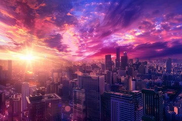 A futuristic city skyline with skyscrapers reaching towards a vibrant purple sky at dusk,...