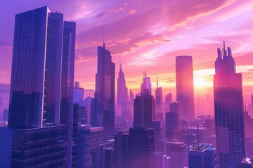 Fototapeta premium A futuristic city skyline with skyscrapers reaching towards a vibrant purple sky at dusk, Generative AI 