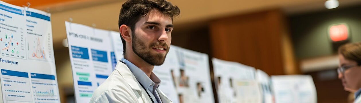 Confident young scientist explaining his research at a poster session.