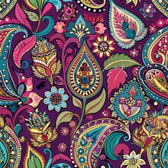 Seamless pattern of Persian-inspired paisley and floral motifs in rich jewel tones, adding a touch of exotic luxury to your gift wrap, Generative AI 