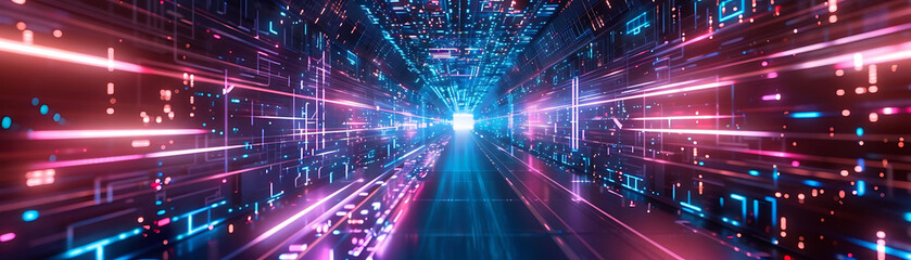 abstract futuristic technology background with neon lights and a building in the foreground
