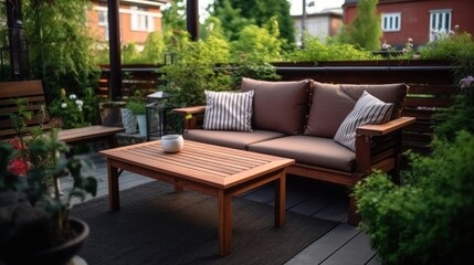 beautiful and quiet backyard. In this area, there is wooden outdoor furniture that invites you to sit and relax.