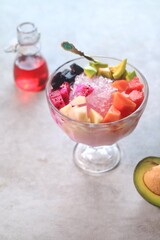 Es buah or sop buah-is an Indonesian iced fruit cocktail dessert. This cold and sweet beverage is made of diced fruits mixed with shaved ice or ice cubes, and sweetened with liquid sugar or syrup
