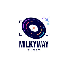 camera with lens depicting milkyway, galaxies and stars for night sky and milkyway photography logo
