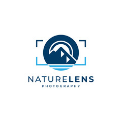 camera with mountain, river and nature accents for landscape and nature photography logo