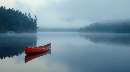 A red canoe sits in a lake on a foggy day - Powered by Adobe